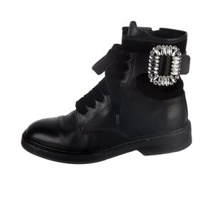 REDUCED ROGER VIVIER Black Leather Crystal Embellishments Combat Boots 37.5  7.5